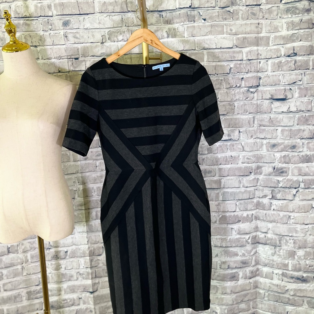 ANTONIO MELANI Black and Gray Striped Midi Dress